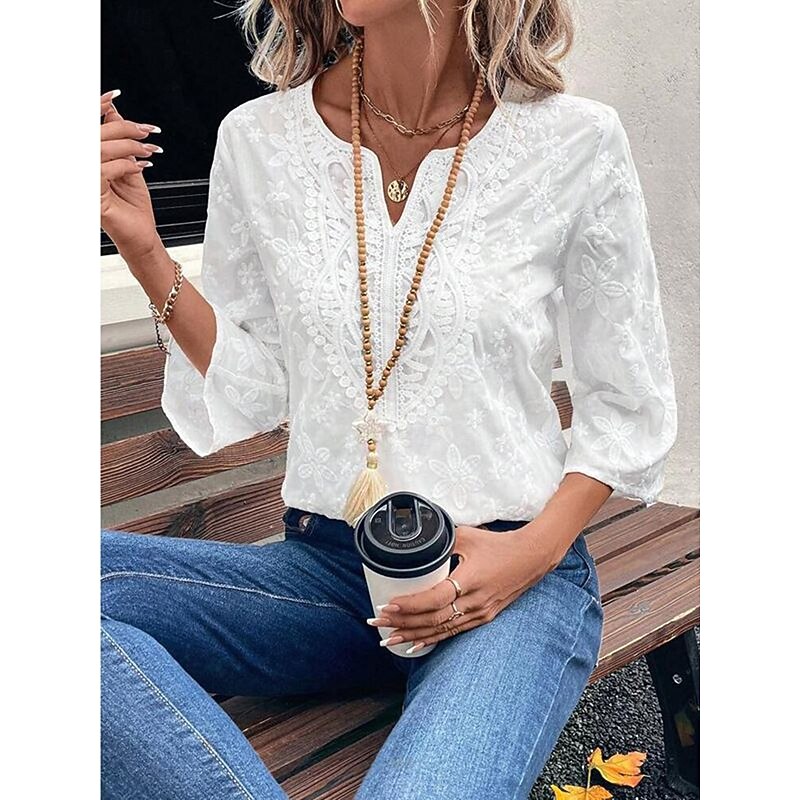 Women's Boho Shirt Dressy Tops Solid Color Floral Casual Boho 3/4 Length Sleeve Elbow Sleeve Bell Sleeve V Neck Regular Tops Daily Going out Embroidered White Summer Fall