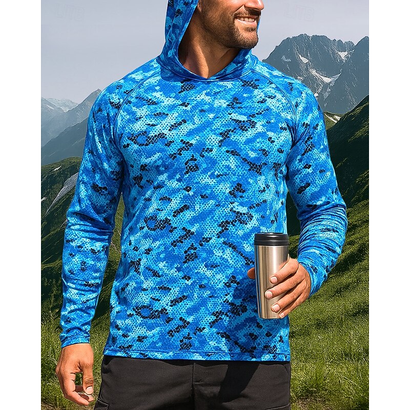 Men's Hiking Shirt Fishing Shirt UV Protection Shirt Long Sleeve Hooded Top Outdoor UV Sun Protection Breathable Polyester Camouflage Blue Fishing Traveling Running3