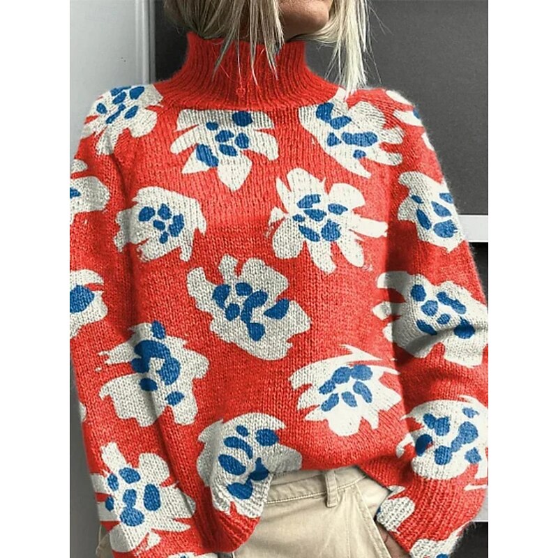 Women's Pullover Vacation Daily Floral Animal Ribbed Turtleneck Print Long Sleeve Regular Tops Knit Outdoor Daily Holiday Wine Red Fall Winter2