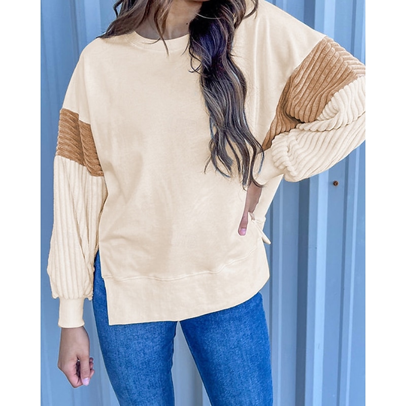 Women's Pullover Sweatshirt Sweatshirts Color Block Streetwear Casual Long Sleeve Round Neck Regular Tops Street Holiday Going out Patchwork Beige Fall Winter4