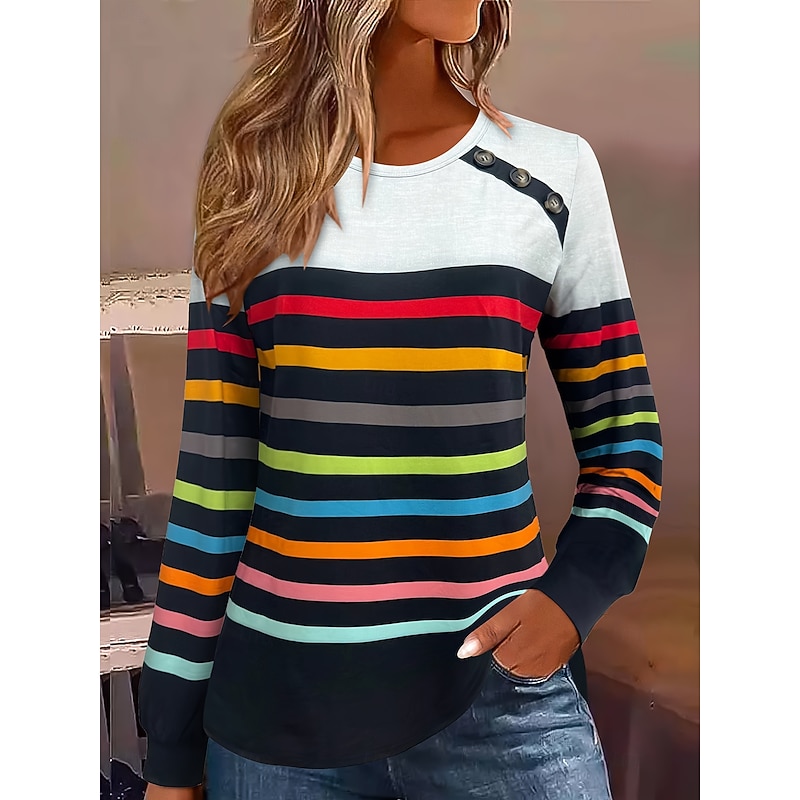 Women's T Shirt Graphic Geometric Vintage Stylish Classic Long Sleeve Crew Neck Regular Tops Daily Going out Weekend Buttons Print White Spring Fall Winter