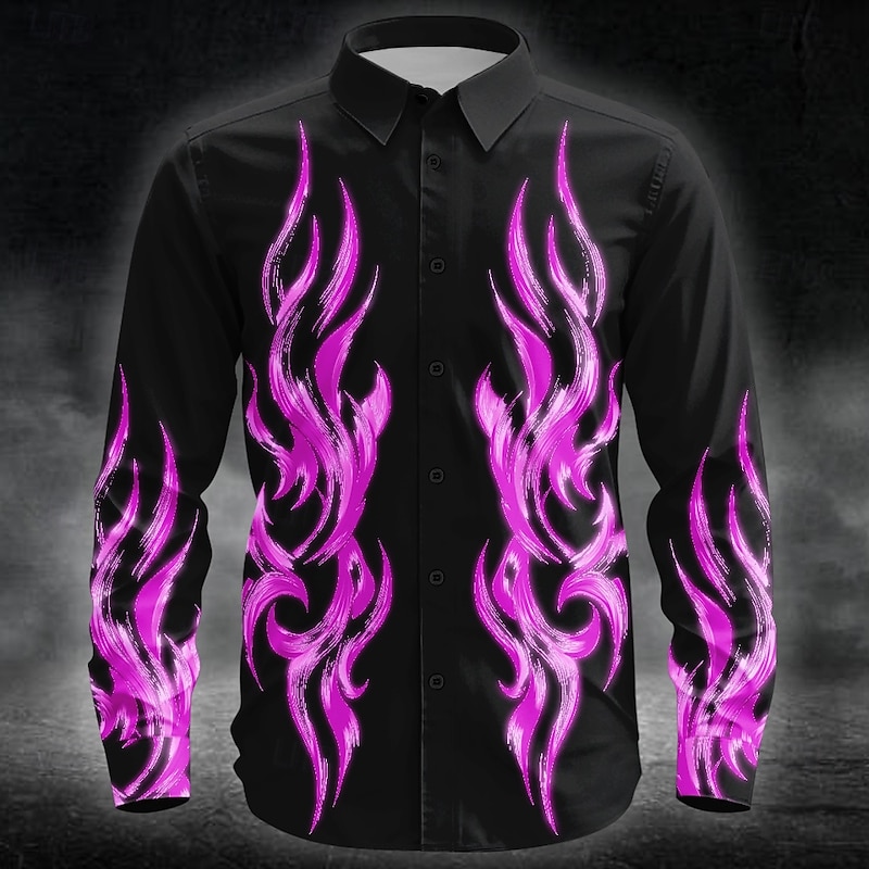Halloween Men's Flame Neon Glow Shirt Button Up Shirt Long Sleeve Dark Punk Gothic Style Outdoor Holiday Summer Spring Turndown 3D Print Collared Shirts Blue Purple Green Rose Red4