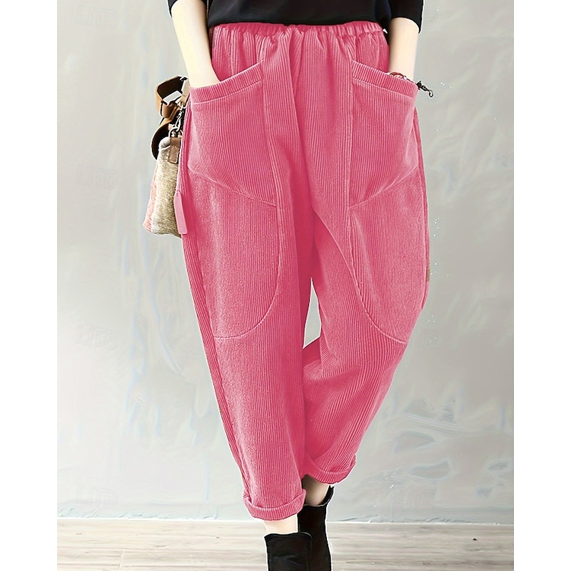 Women's Corduroy Pants Slacks Straight Streetwear Casual Full Length Natural Plain Pocket Elastic Waist Comfy Street Holiday Weekend claret Dark Brown Black Yellow Fall Regular Fit4