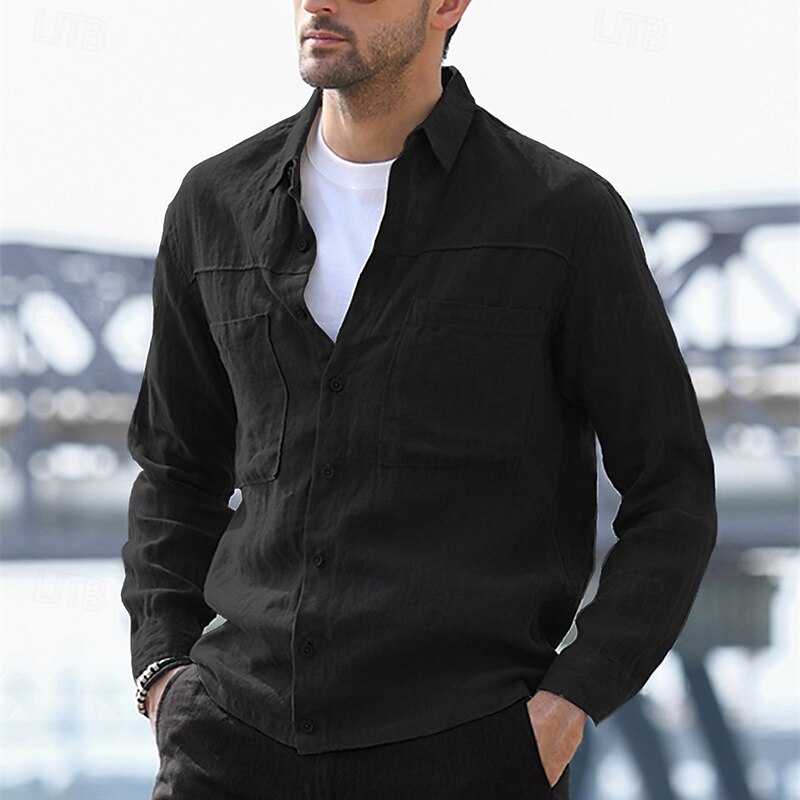 Men's Shirt Jacket Winter Jacket Plain Vacation Daily Wear Black Brown Army Green Gray Long Sleeve Lapel Spring Fall Clothing Apparel Pocket3