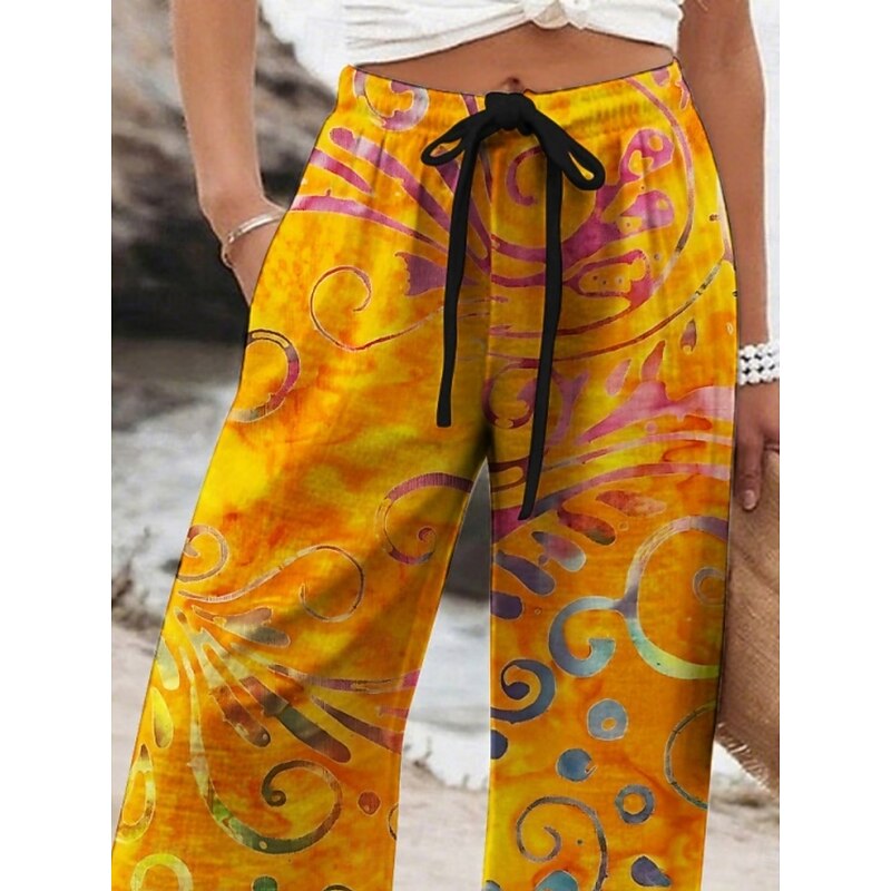 Women's Wide Leg Pants Trousers Retro Vintage Long High Waist Floral Elastic Waist Printing High Cut Breathability Soft Micro-elastic Vacation Street Daily Wear Yellow Spring Fall Regular Fit2