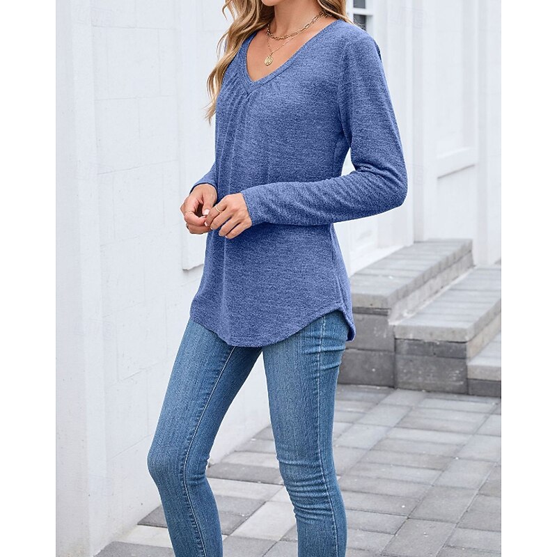 Women's Texture Blouse T Shirt Plain Casual Long Sleeve V Neck Regular Tops Daily Weekend Black Wine Army Green Blue Brown Fall3