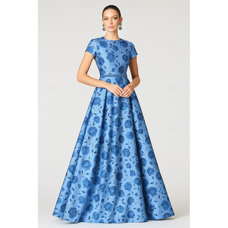 Blue A-Line Evening Gown Elegant Dress Formal Wedding Floor Length Short Sleeve Crew Neck Pocket Satin with Floral Print 2025