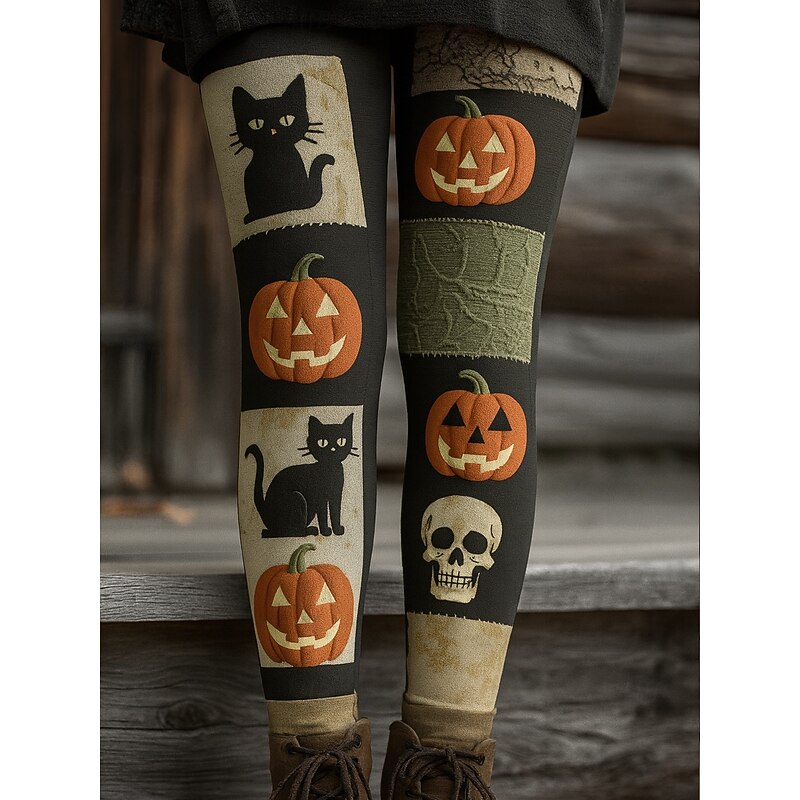 Women's Leggings Vacation Vintage Ethnic Style Full Length High WaistPantsHalloween Graphic Animal Cat 3D Print Quick Dry Breathability Soft Stretchy Outdoor Home Causal Black White Orange Khaki Fall4