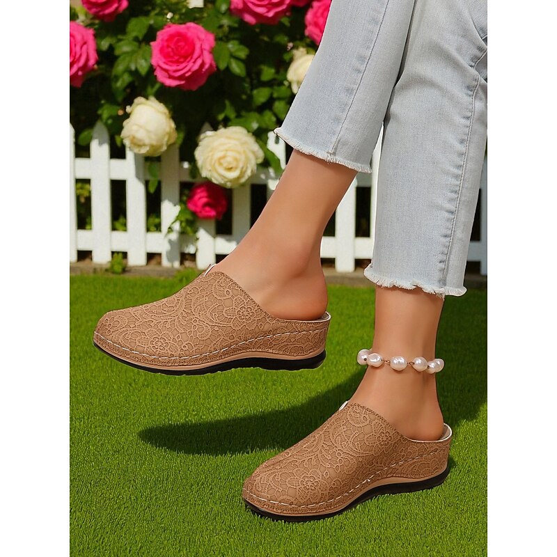 Women's Faux Leather Slip-On Mules – Breathable Lace-Patterned Comfort Clogs for Gardening, Housewear and Casual Outfits3