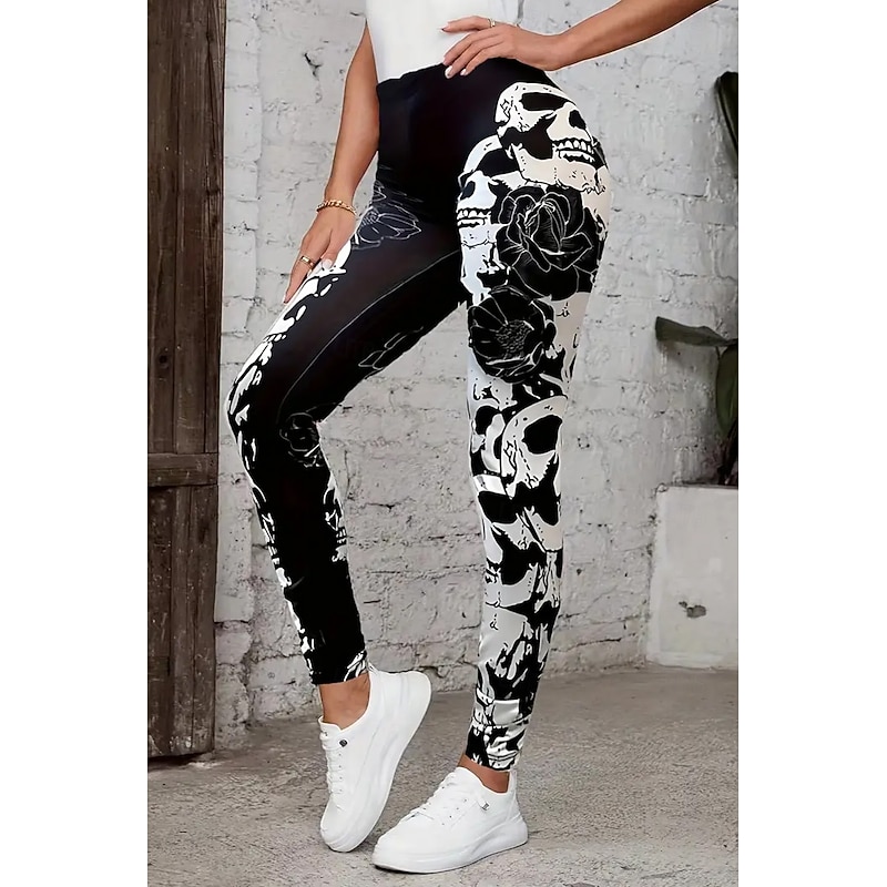 Women's Leggings Vacation Vintage Fashion Full Length High WaistPantsHalloween Graphic Skull Printing Soft Breathable Stretchy Outdoor Vacation Street Black White Black-white Spring Fall Winter Slim4