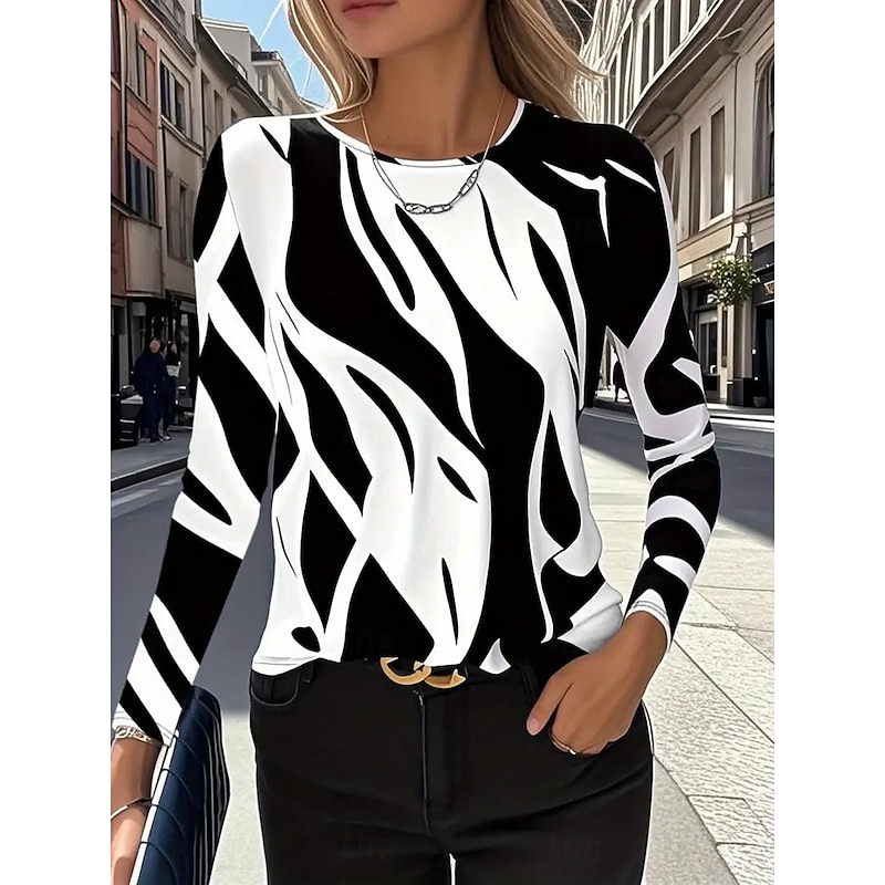 Women's T Shirt Graphic Geometric Fashion Casual Long Sleeve Crew Neck Round Neck Regular Tops Daily Weekend Print White Summer Spring Fall