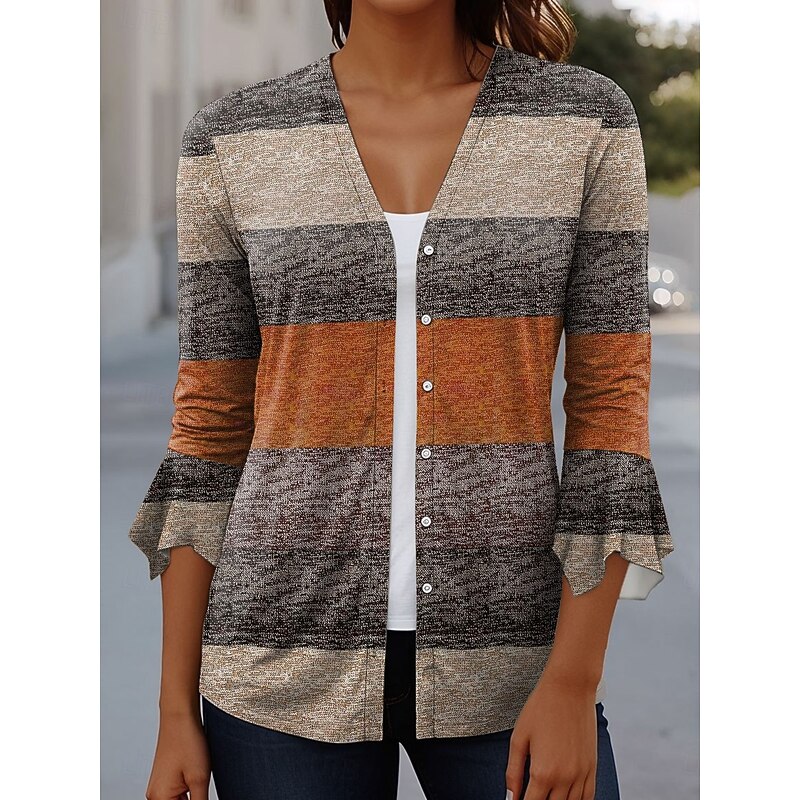 Women's T Shirt Graphic Geometric Elegant Vintage Stylish 3/4 Length Sleeve V Neck Regular Tops Daily Going out Ruffle Buttons Blue Purple Brown Green Summer Spring Fall