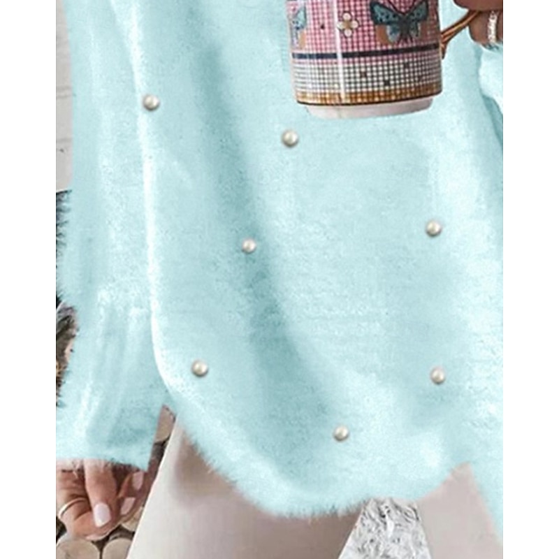 Women's Sweater Pullover Sweatshirt Fuzzy Cozy T Shirt Plain Ribbed Knitted Casual Long Sleeve V Neck Tops Daily Going out Weekend Blue Oversized3