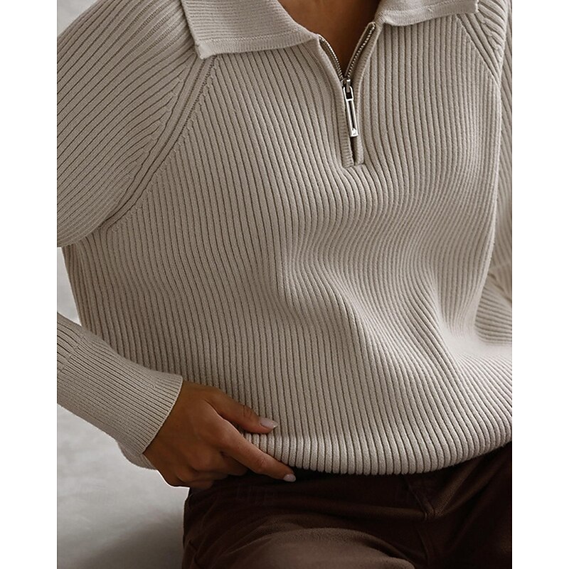 Women's Sweater Pullover Daily Stylish Casual Solid Color Ribbed Shirt Collar Zipper Knitted Long Sleeve Regular Tops Knit Daily Holiday Going out Pink Red Fall Winter2