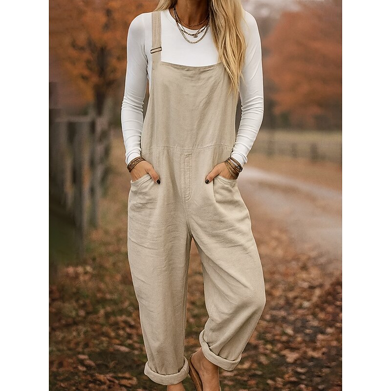 100% Cotton Women's Dungarees Lightweight Solid Color Sleeveless Sleeveless Straight Square Neck with Pocket Vacation Daily Loose Fit Army Green Red Blue Summer