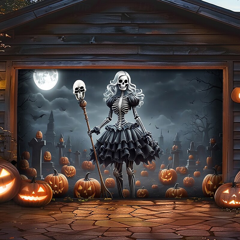 Halloween Garage Door Cover Large Hanging Backdrop Skeleton Pumpkin Dark Punk Gothic Style Party Outdoor Shooting Backgrounds Front Door Home Decor2