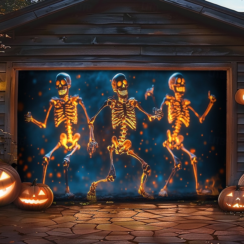 Halloween Garage Door Cover Large Hanging Backdrop Skeleton 3D Funny Dark Punk Gothic Style Party Outdoor Shooting Backgrounds Front Door Home Decor3