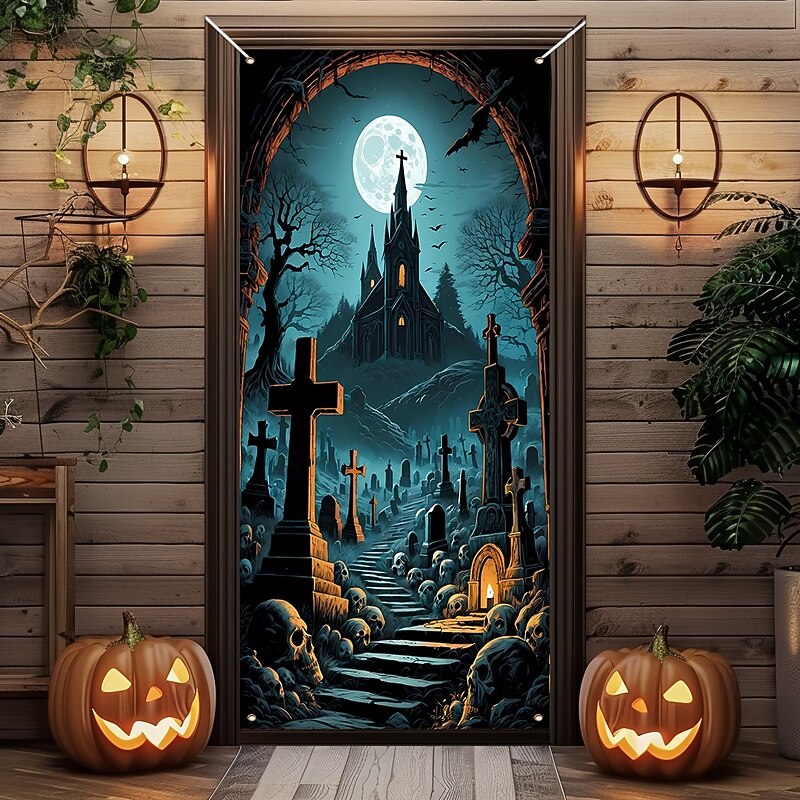Halloween Door Cover Outdoor Banners Castle Cemetery Psychedelic Dark Punk Gothic Style Party Outdoor Shooting Backgrounds Front Door Wall Porch Home Decor2