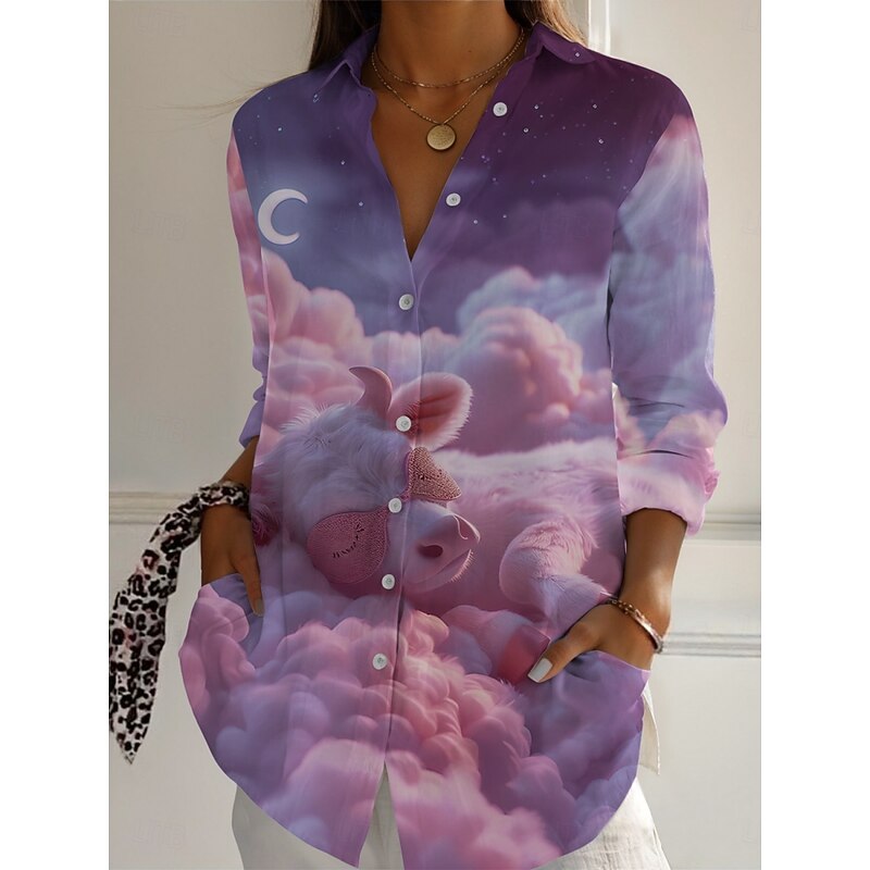 Women's Shirt Animal Active Daily Stylish Long Sleeve Shirt Collar Regular Tops Daily Holiday Buttons Print Pink Spring Fall