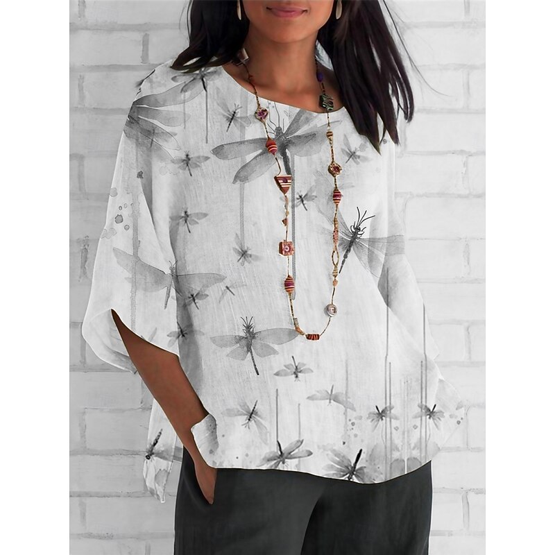 Women's Shirt Dragonfly Daily Casual 3/4 Length Sleeve Crew Neck Regular Tops Daily Holiday Print White Green Summer Spring Fall3