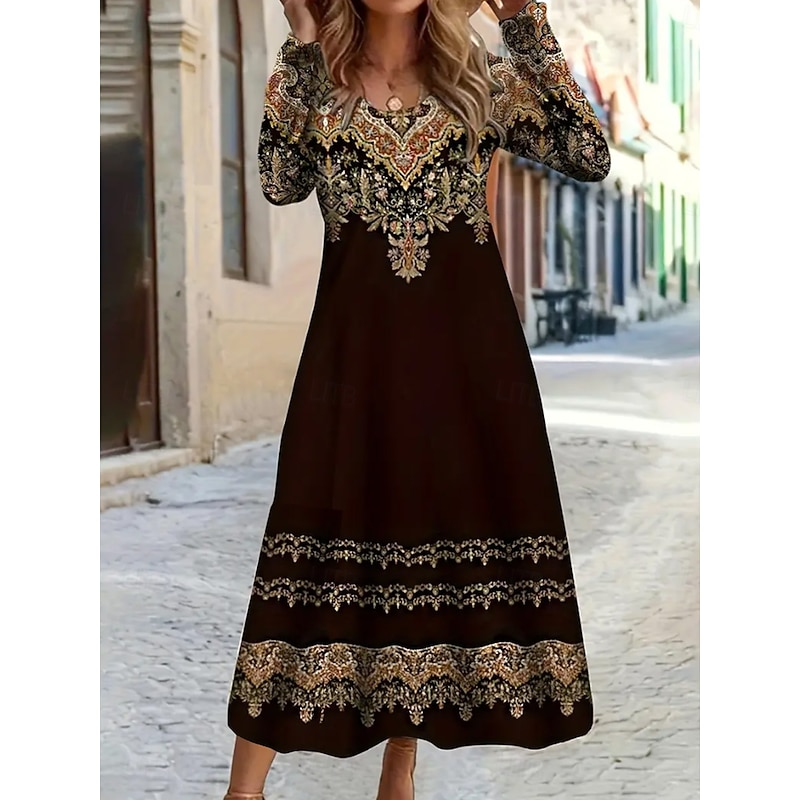 Women's Maxi Dress Sheath Dress T Shirt Dress Tee Dress Vacation Casual Boho Holiday Date Regular Fit Graphic Geometric Tribal Long Sleeve Crew Neck Dark Brown Black Red Blue Spring Fall2