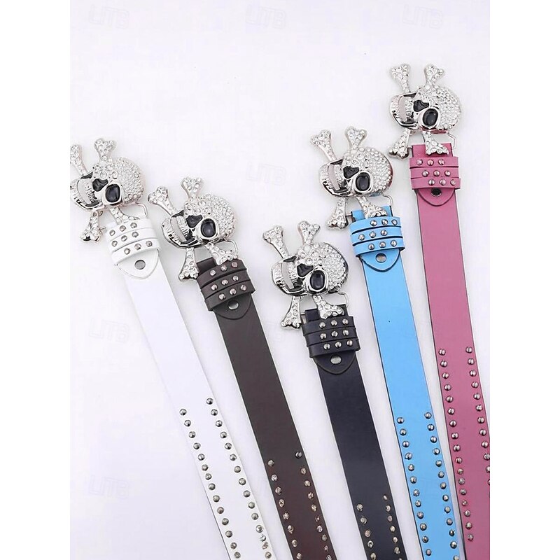 Unisex Halloween Skull Belt – Studded Faux Leather Strap with Crystal Skull and Crossbones Buckle – Perfect for Halloween Costumes and Casual Wear3