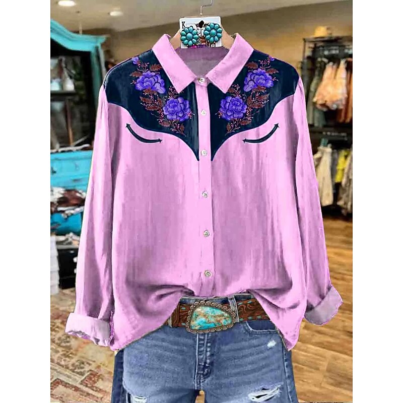 Women's Shirt Floral Graphic Elegant Bohemia Daily Long Sleeve Shirt Collar Regular Tops Work Daily Buttons Print Pink Green Khaki Gray Spring Fall Winter3