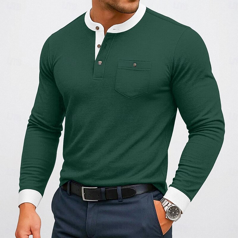 Men's Henley Shirt Tee Top Cotton Blend T-Shirt Long Sleeve Color Block Solid Fashion Designer Basic Patchwork Stand Collar Henley Vacation Street Casual Spring &  Fall All Seasons Black Navy Blue