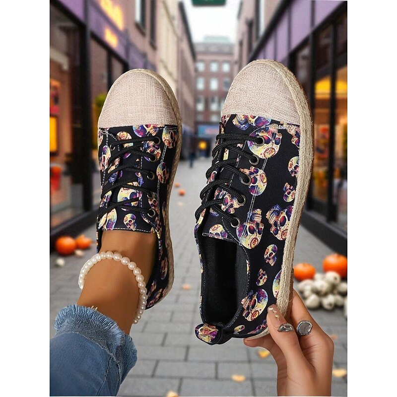Women's Skull Pattern Canvas Espadrilles with Jute Sole - Lace-Up Halloween Sneakers for Gothic Style, Fall Outfits and Daily Comfort