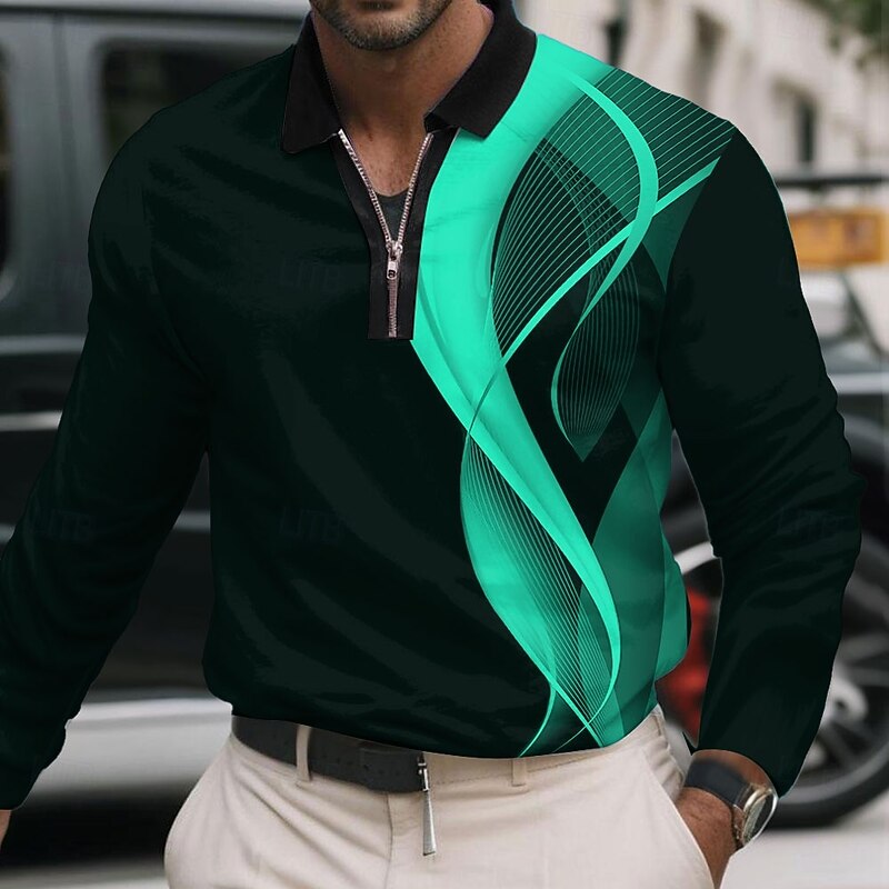 Men's Abstract Geometic Polo Long Sleeve Polo Shirts Lapel Business Casual Athleisure Daily Wear 3D Print Quarter Zip Polo Spring Fall Winter White Red Blue3