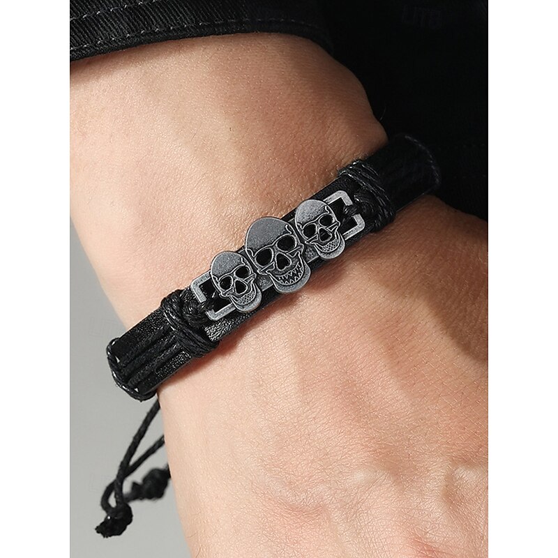 Men's Skull Faux Leather Bracelet – Adjustable Cord with 3 Skull Charms, Available in Black and Brown – Perfect for Halloween and Casual Wear2