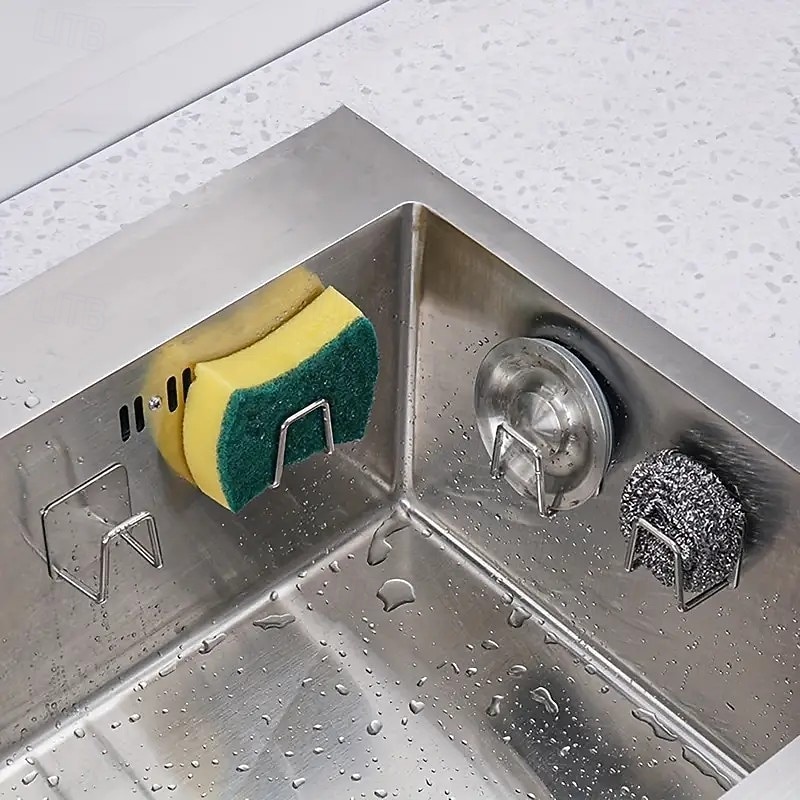 4/6 Pcs Stainless Steel Kitchen Sink Organizer - Adhesive No-Drill Sponge Holder & Draining Rack, Wall-Mounted Storage Hook for Towels and Accessories