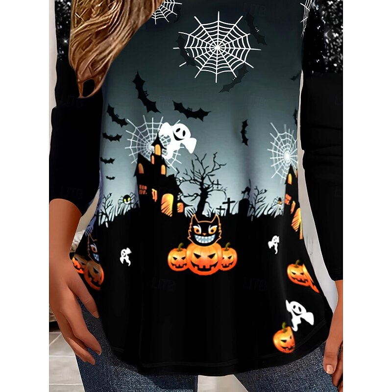 Halloween Women's T Shirt Spider Web Graphic Pumpkin Vintage Stylish Classic Long Sleeve Crew Neck Round Neck Regular Tops Daily Print Black Spring Fall Winter3