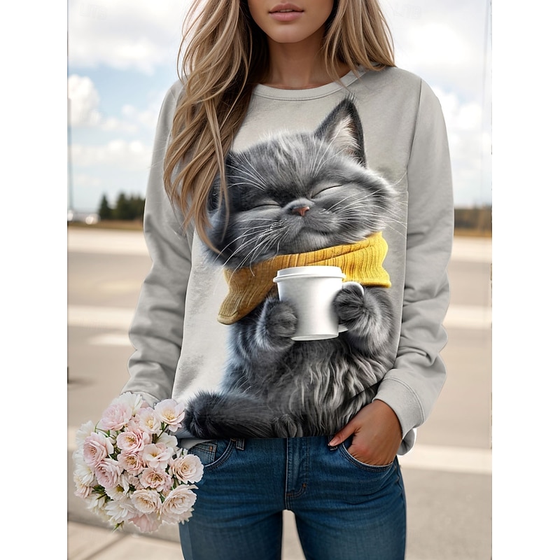 Women's Pullover Sweatshirt Graphic Animal Cat Casual Long Sleeve Crew Neck Regular Tops Street Casual Holiday Print Yellow Pink Red Blue Green Spring Fall Winter