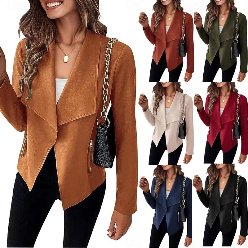 Women's Casual Jacket Comfortable Breathable Pocket Fashion Casual Plain Vacation Street Casual Daily Wear Open Front Short Turndown Regular Fit Long Sleeve Outerwear Navy Black Red Spring Fall