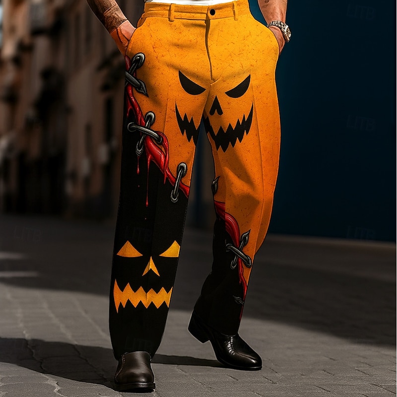 Halloween Men's Pumpkin Halloween Costumes Jack-o'-lantern Dress Pants Trousers Suit Pants Mid Waist Dark Gothic Style Holiday Streetwear Relaxed Fit Flat Front Dress Pants with Side Pockets Spring