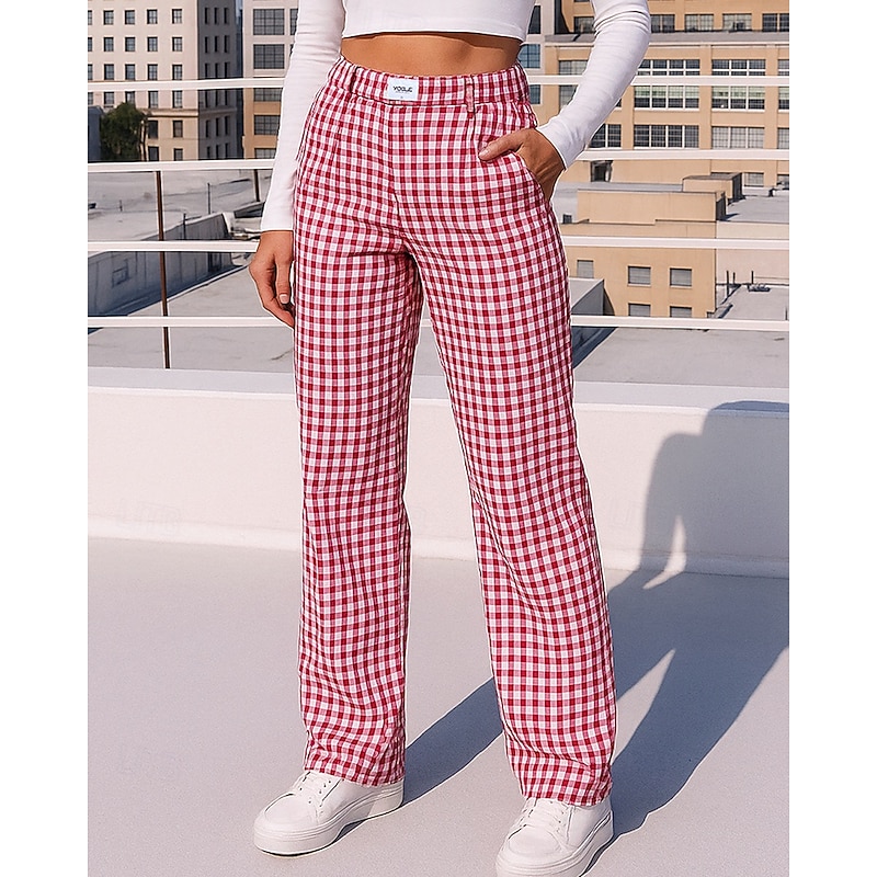 Women's Wide Leg Pants Casual Pants Pocket High Waist Bottoms Athleisure Gym Workout Fall Cotton Fashion Outdoor Travel Loose Fit Sportswear Activewear Plaid Black Pink Blue3