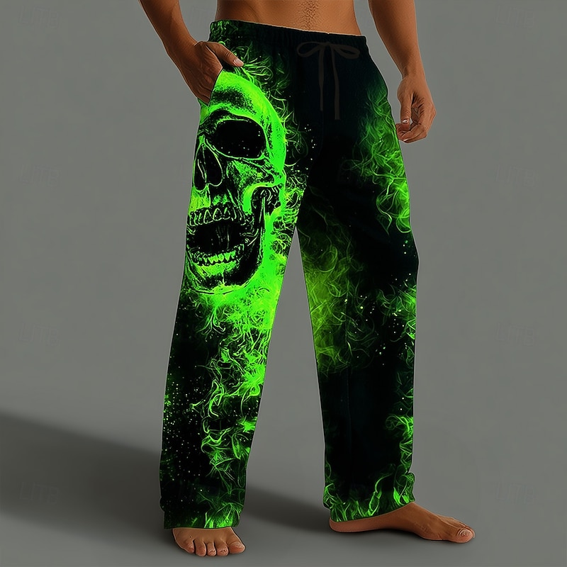 Halloween Men's Halloween Costumes Skulls Trousers Baggy Pants Casual Pants Mid Waist Dark Gothic Style Holiday Elastic Drawstring Waist Linen-Like Pants with Pockets Spring Fall 3D Print Black Green
