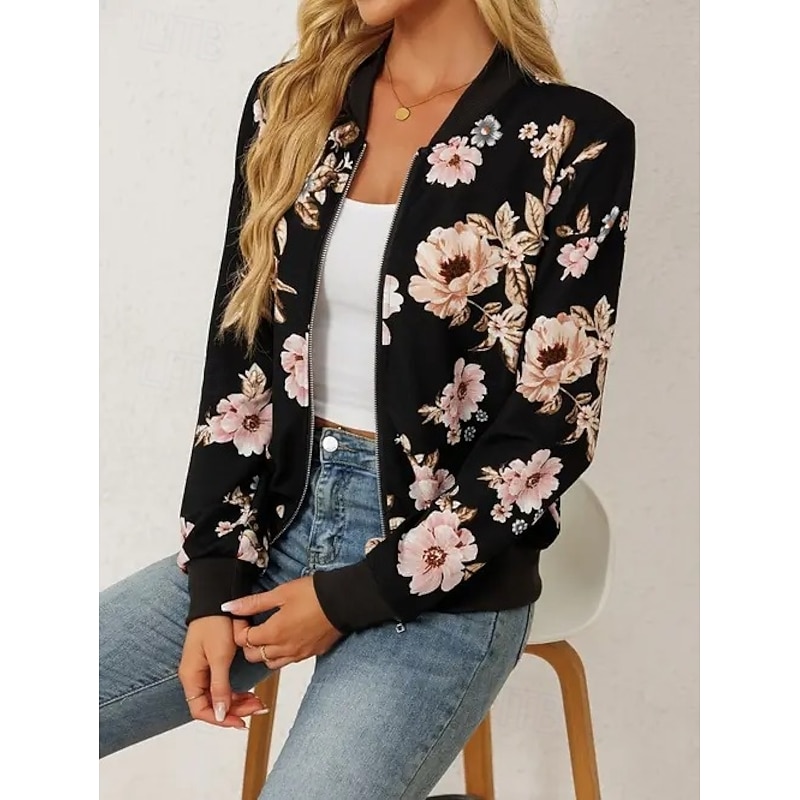 Women's  Bomber Jacket Warm Quick Dry Zipper Pocket Elegant Fashion Daily Simple Floral Vacation Casual Daily Holiday Regular Baseball Collar Regular Fit Long Sleeve Outerwear Black Green Fall
