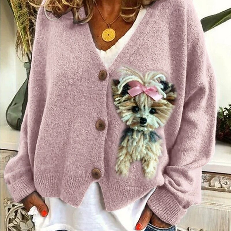 Women's Sweater Fashion Graphic Animal Ribbed V Neck Knitted Long Sleeve Regular Tops Knit Holiday Going out Weekend Black Pink Winter3