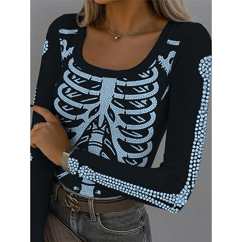 Halloween Women's T Shirt Skulls Graphic Vintage Stylish Classic Long Sleeve Square Neck Regular Tops Daily Print White Pink Blue Green Summer Spring Fall Winter3