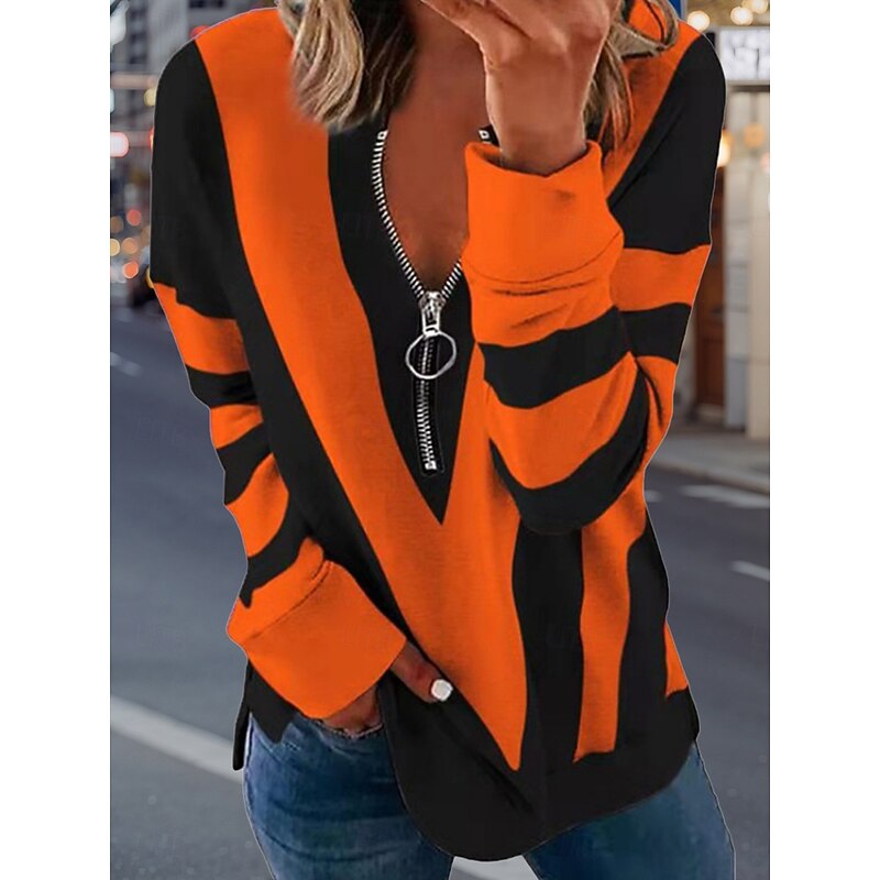 Women's Pullover Sweatshirt Zip Up Sweatshirts Graphic Geometric Fashion Casual Long Sleeve Crew Neck Regular Tops Street Dailywear Zipper Print White Blue Purple Orange Gray Spring Fall Winter