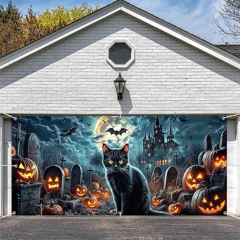 Halloween Tapestry Garage Door Cover Large Hanging Backdrop Cat Cemetery Dark Punk Gothic Style Party Outdoor Shooting Backgrounds Yard Haunted House Home Decor