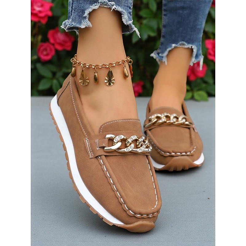 Women's Brown Loafers – Faux Suede Chain Decor Slip-On Casual Shoes for Office, Shopping, Travel and Daily Wear - Main Image