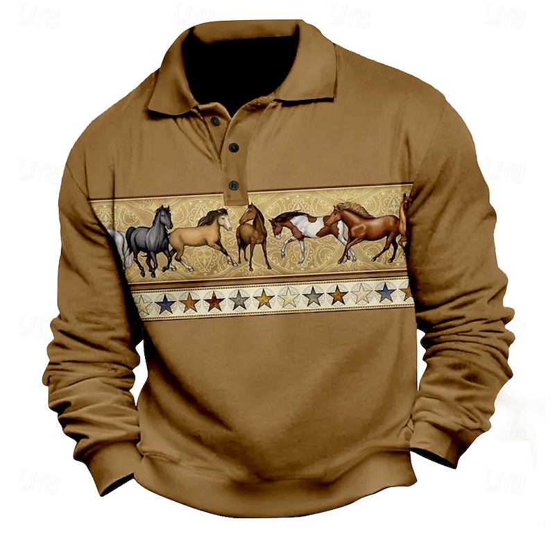 Men's Graphic Horse Polo Long Sleeve Polo Shirts Collared Shirts Casual National Style Athleisure Daily Wear 3D Print Spring Fall Winter Dark Brown