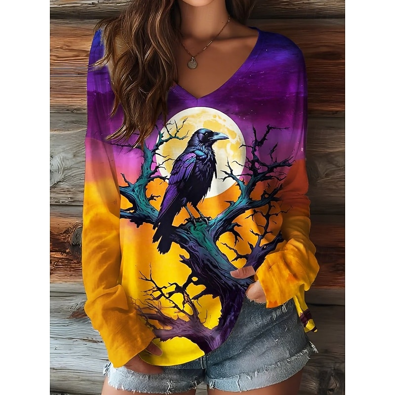 Halloween Women's T shirt Pumpkin Graphic Elegant Vintage Stylish Long Sleeve V Neck Regular Tops Daily Going out Weekend Print Black Purple Orange Brown Spring Fall2
