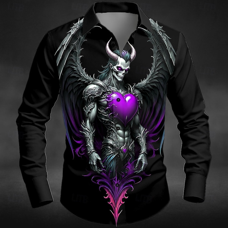 Halloween Men's Heart Glow in the Dark Demon Shirt Button Up Shirt Long Sleeve Dark Punk Gothic Style Outdoor Holiday Summer Spring Turndown 3D Print Collared Shirts Red Purple2