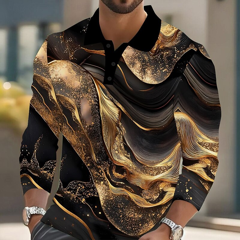 Men's Abstract Marble Polo Long Sleeve Polo Shirts Lapel Casual Street Athleisure Daily Wear 3D Print Buttons Spring Fall Winter Blue Gold Green2