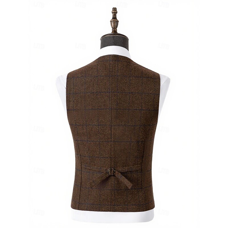 Men's Vest Waistcoat Formal Wedding Vacation Daily Fashion Classic Spring Fall Pocket Buttons Polyester Tweed Comfortable Plaid Single Breasted Notch lapel collar Slim Fit Black Navy Blue Brown Coffee3