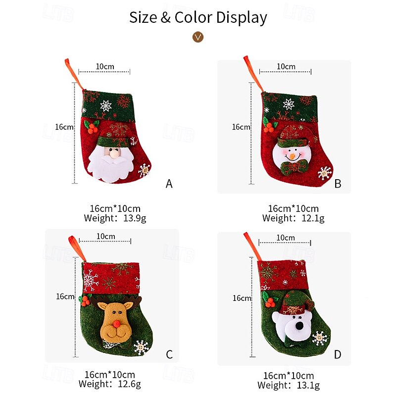 4pcs Christmas Stockings, Holiday Decor Socks with Snowflake and Cartoon Designs, Vintage Xmas Stockings for Kids, Christmas Tree Hanging Decorations, Gift Socks Set2